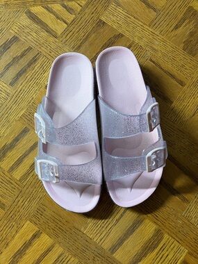Pink Glitter Double-Buckle Slide Sandals Girls